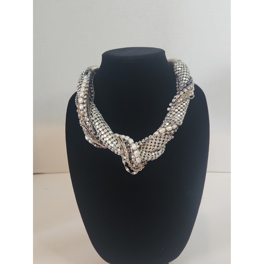 Chicos Vintage Multi Strand Statement Necklace Silver Tone Mesh Chain Faux Pearl